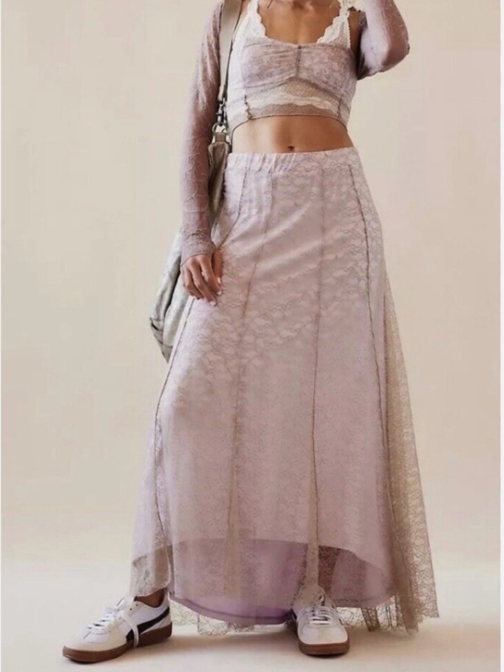 Free People Shape Of You Pink Tan Whimsy Fairy Lace Maxi Skirt size small